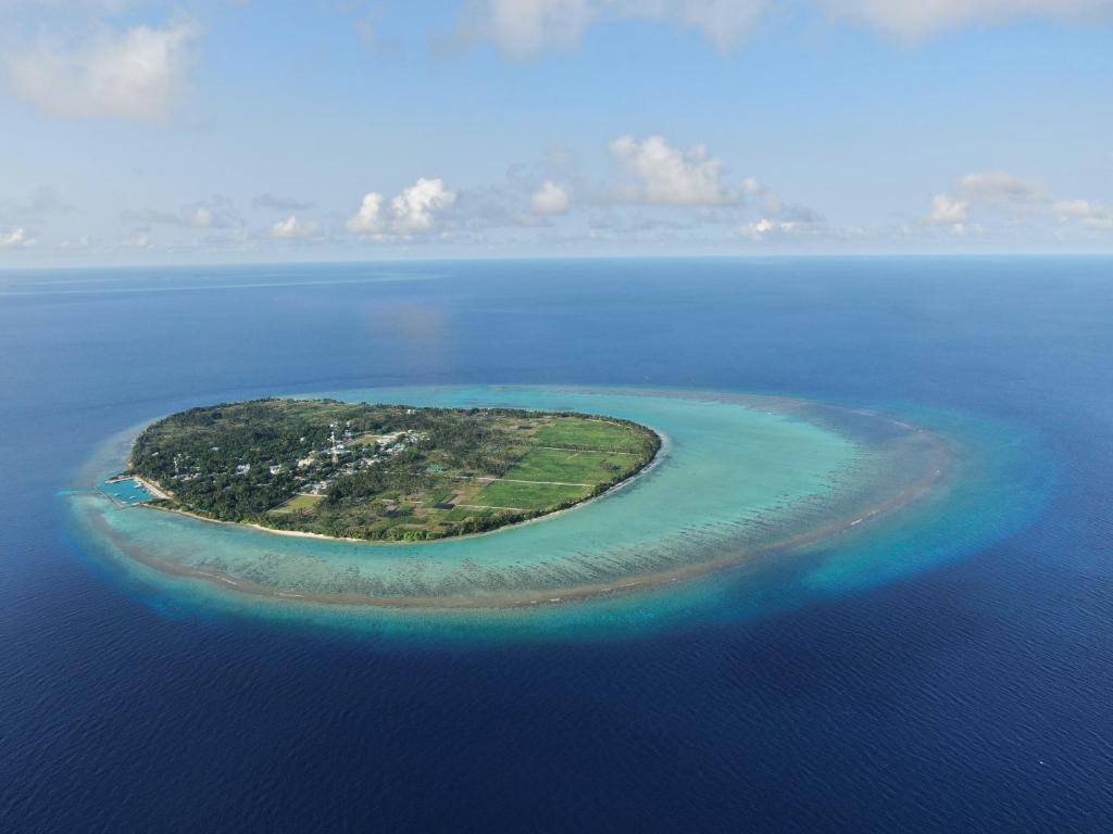 Aerial view of Thoddoo island and its reef, Maldives